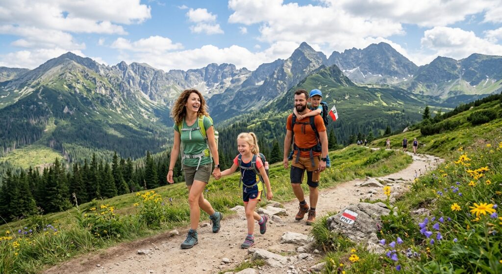 A professional editorial photograph of a happy family trekking on a gentle, scenic mountain trail in