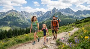 A professional editorial photograph of a happy family trekking on a gentle, scenic mountain trail in