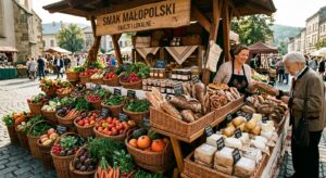 A high-quality, editorial-style photograph of a bustling, vibrant local market stall in the Małopols