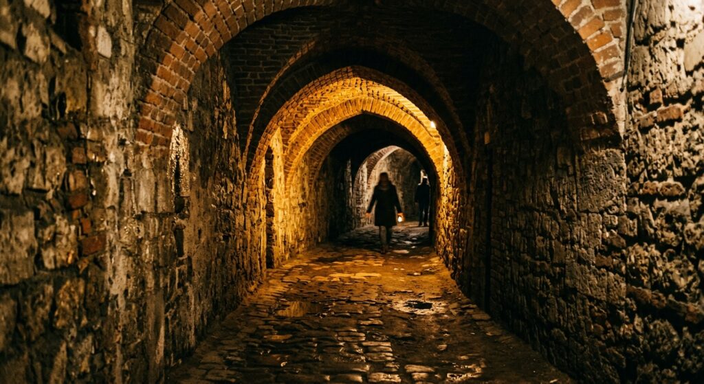 A high-quality, atmospheric editorial photograph of a dimly lit historic underground tunnel beneath