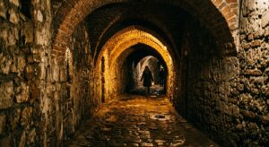 A high-quality, atmospheric editorial photograph of a dimly lit historic underground tunnel beneath