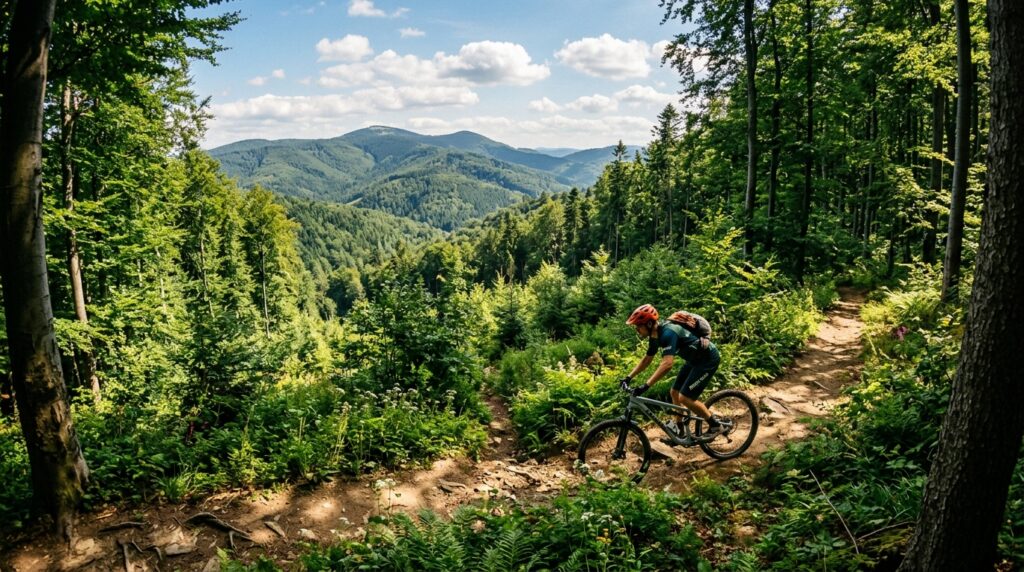 A professional wide-angle editorial photograph of a scenic, sun-dappled mountain biking trail windin