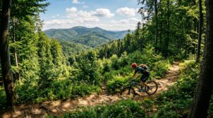 A professional wide-angle editorial photograph of a scenic, sun-dappled mountain biking trail windin