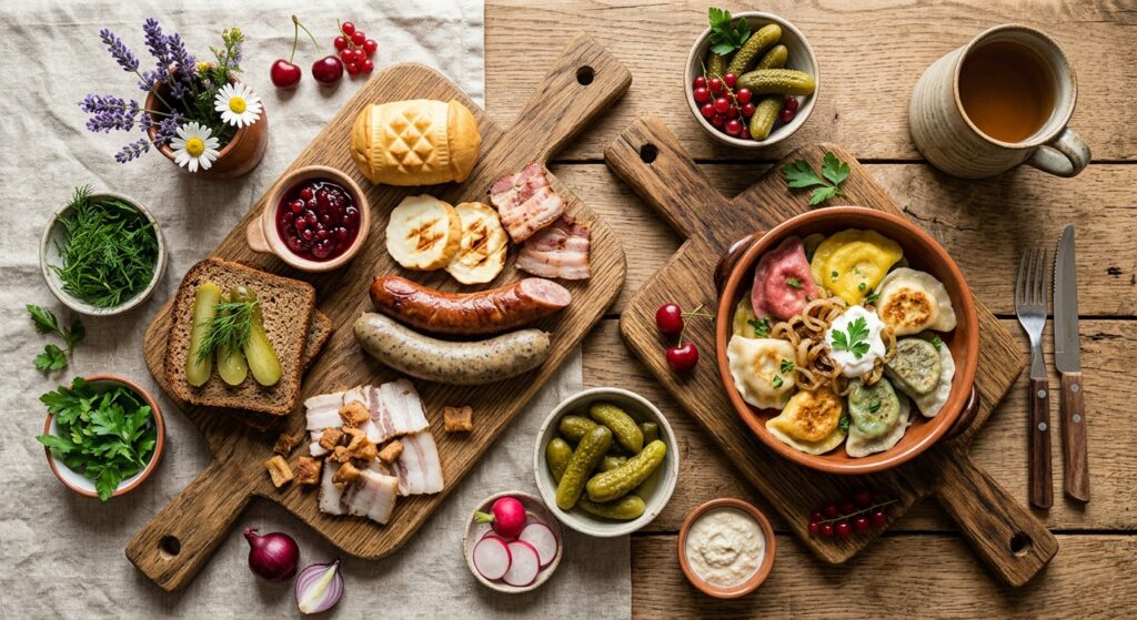 A beautifully arranged flat-lay composition of traditional Lesser Poland delicacies served on rustic