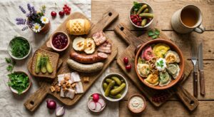 A beautifully arranged flat-lay composition of traditional Lesser Poland delicacies served on rustic