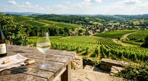 A professional, high-angle editorial photograph of lush, green vineyard rows in the rolling hills of