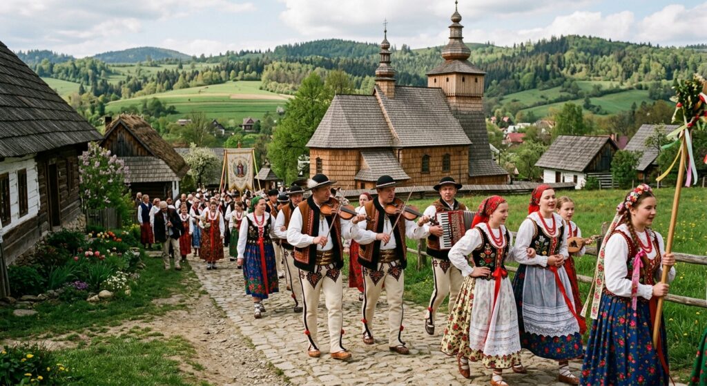 A professional, atmospheric editorial photograph capturing a vibrant traditional folk procession in