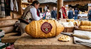 A high-quality, editorial close-up of a traditional smoked Oscypek cheese with a visible protected d