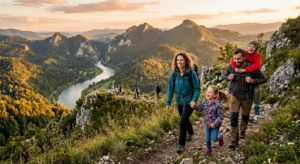 A professional editorial photograph of a joyful family hiking on a scenic mountain trail in the Pien
