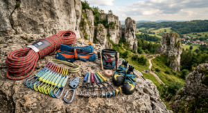 A professional editorial-style photograph featuring high-quality climbing gear neatly arranged on a