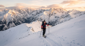 A professional, high-resolution editorial photograph of a ski tourer ascending a snow-covered mounta