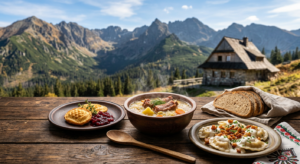 A high-quality, professional food photography shot of a steaming, rustic Polish mountain meal served