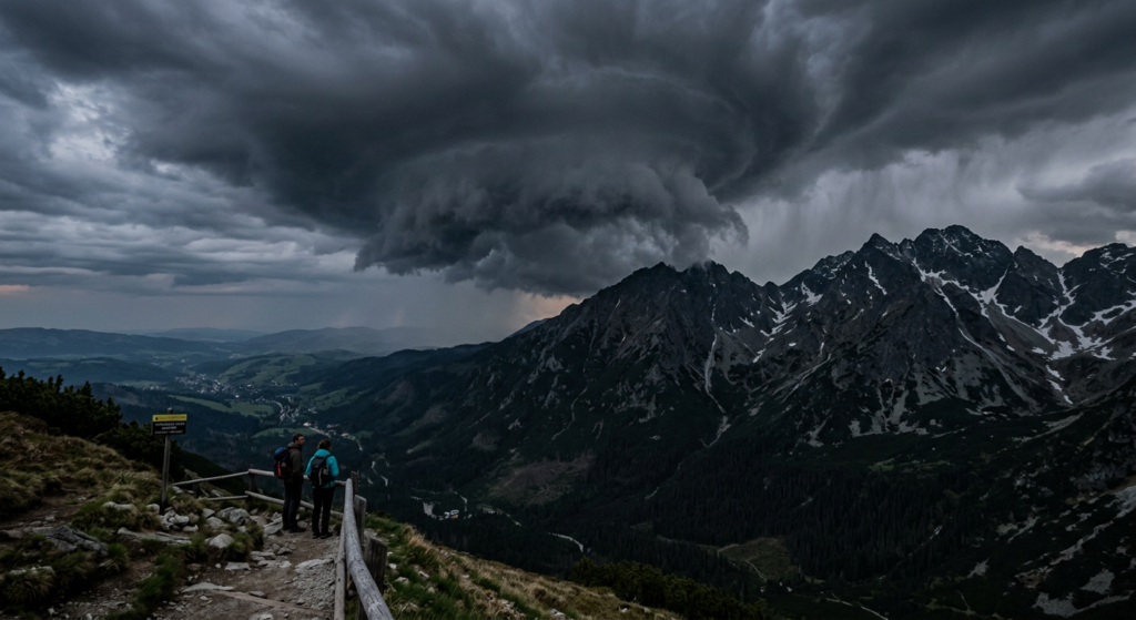 A professional, high-resolution editorial photograph of a dramatic dark storm cloud gathering over t