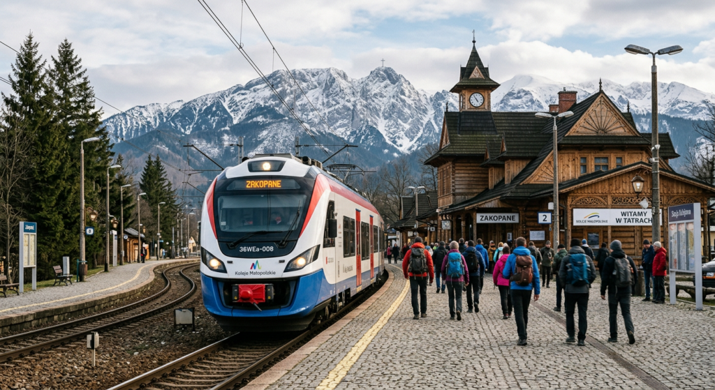A high-quality editorial photograph of a modern train or bus arriving at a scenic stop in the Lesser
