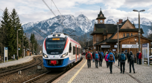 A high-quality editorial photograph of a modern train or bus arriving at a scenic stop in the Lesser