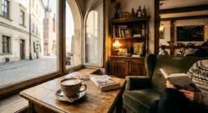 A cozy, sunlit corner of a hidden Krakow cafe with vintage furniture, a steaming cup of coffee, and