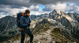 A professional editorial photograph of a hiker checking a map against a dramatic backdrop of the Hig