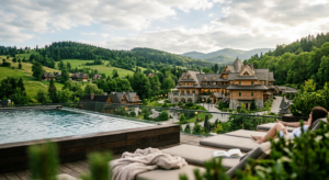 A professional, editorial-style photograph capturing the serene atmosphere of a Malopolska spa resor