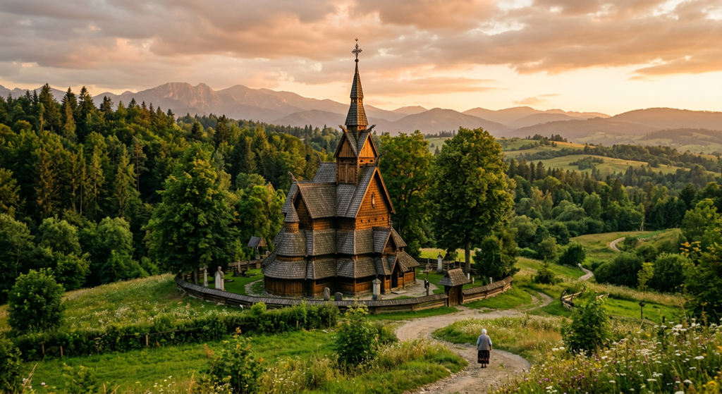 A professional, editorial-style photograph of an ancient, ornate wooden church nestled in a lush, ve