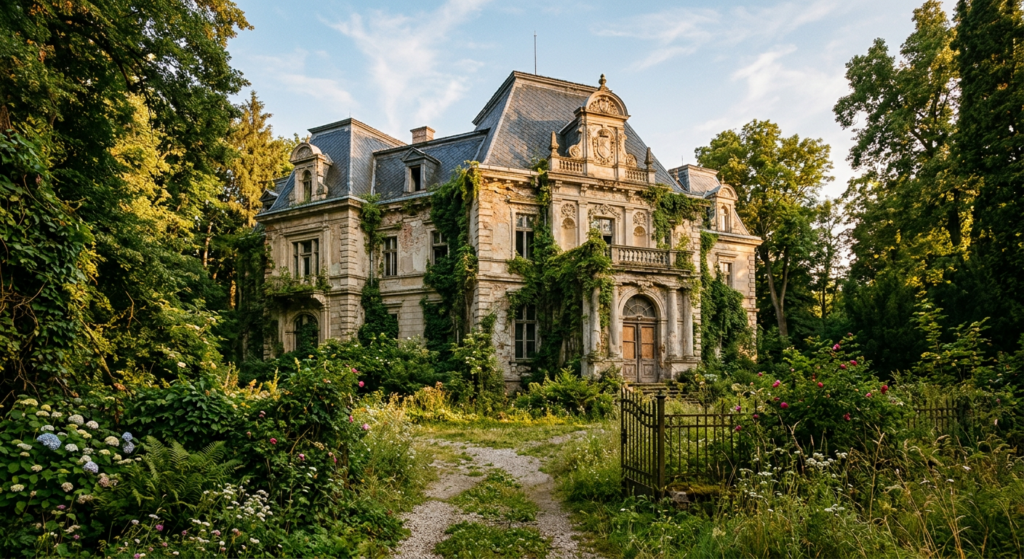 A cinematic, editorial-style photograph of a sun-drenched, overgrown 19th-century manor house in the