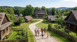 A cinematic, high-angle shot of a picturesque wooden ethnographic park in Wygiełzów on a sunny day,