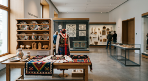 A professional editorial photograph capturing a diverse display of Polish folk art and ethnographic