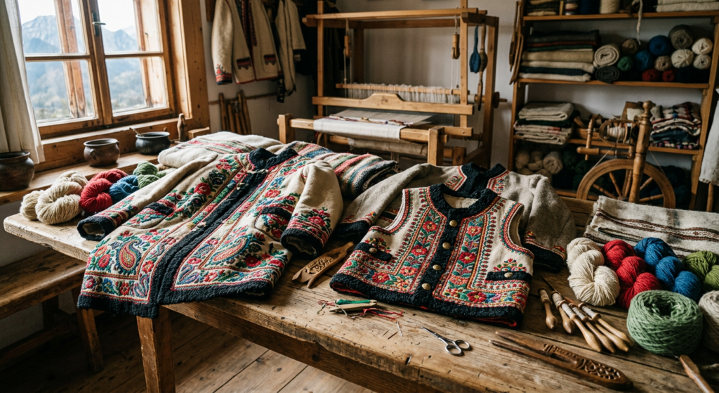 A high-quality, editorial-style photograph displaying traditional Podhale folk embroidery and wool t