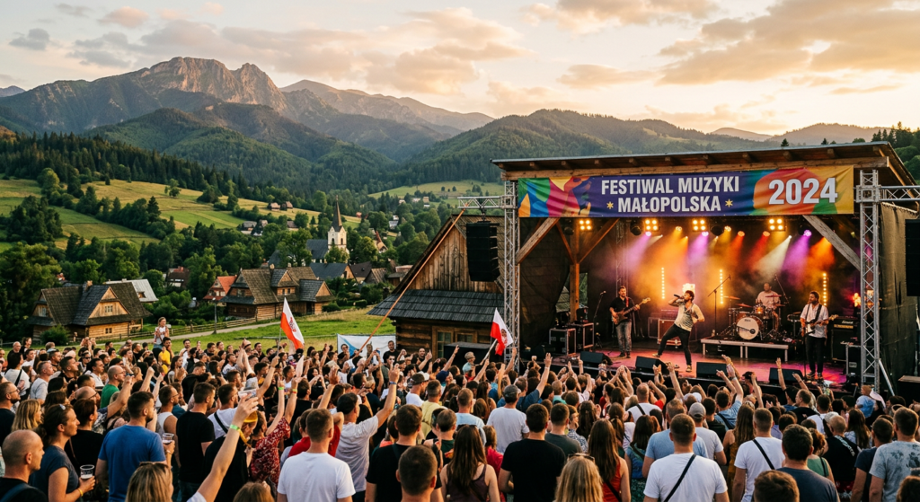 A high-quality, professional editorial photograph capturing a vibrant local music festival stage set