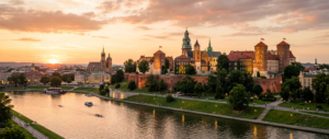 A professional, cinematic wide shot of the Wawel Royal Castle in Krakow bathed in soft golden hour l