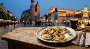 A high-quality, editorial-style photograph of a steaming plate of authentic Polish pierogi served on