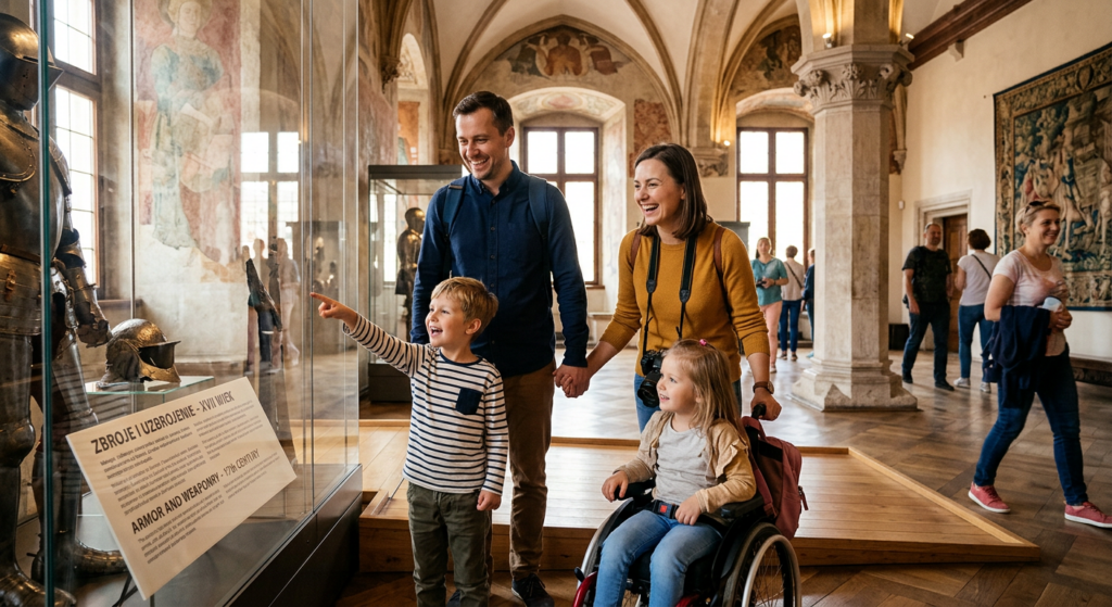 A professional, journalistic-style photo of a happy family exploring a sunlit, historic museum inter