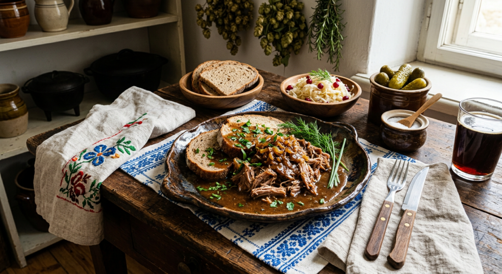 A professional, high-angle culinary shot of a succulent, slow-cooked Małopolska maczanka krakowska s