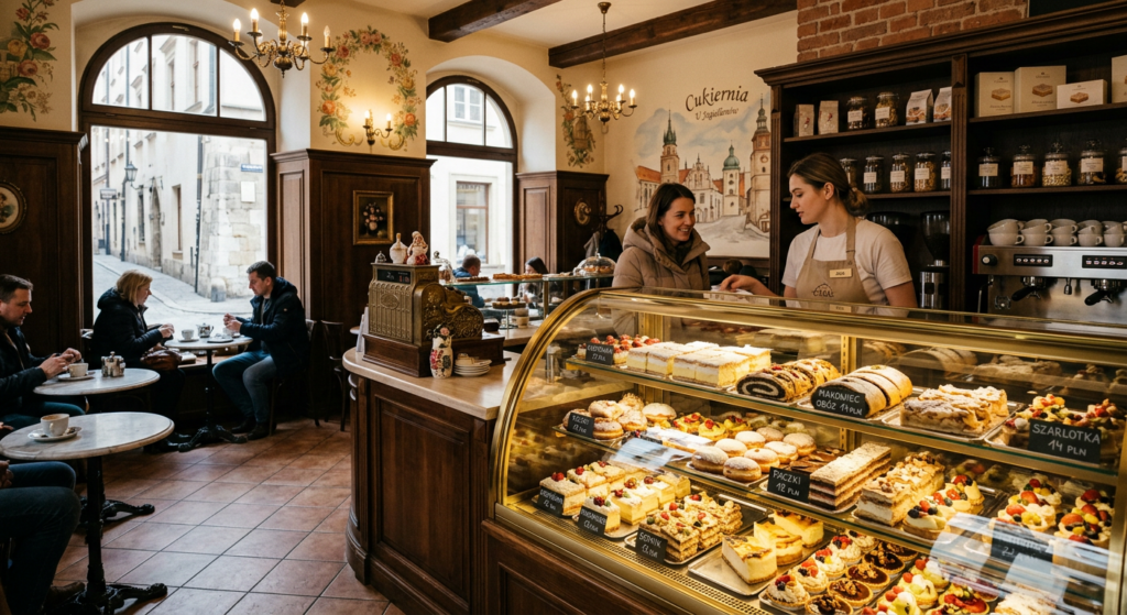 A high-end editorial photograph of a beautifully decorated, traditional Polish pastry shop interior