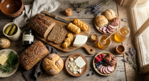 A high-quality, editorial-style flat lay photography of diverse traditional Polish regional delicaci