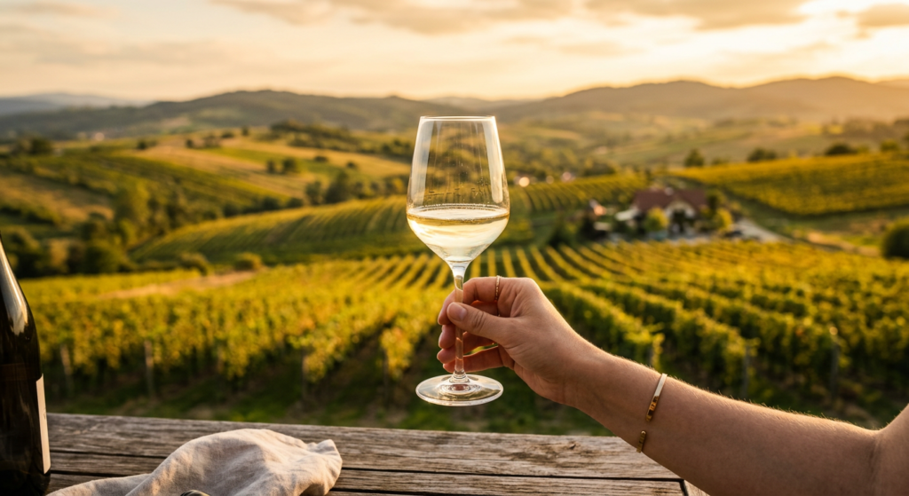 A sophisticated, high-angle editorial shot of a glass of crisp white wine held against the backdrop