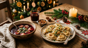 A professional, editorial-style close-up of traditional Polish Christmas Eve dishes from Lesser Pola