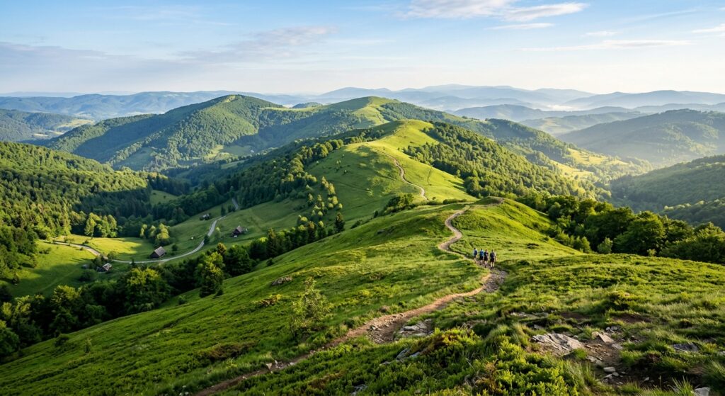 A breathtaking, high-angle editorial photograph of vibrant green mountain trails in the Lesser Polan